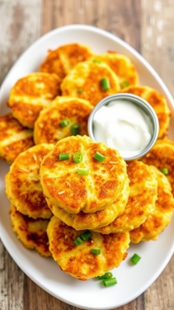 Crispy mashed potato patties on a plate with sour cream and green onions.
